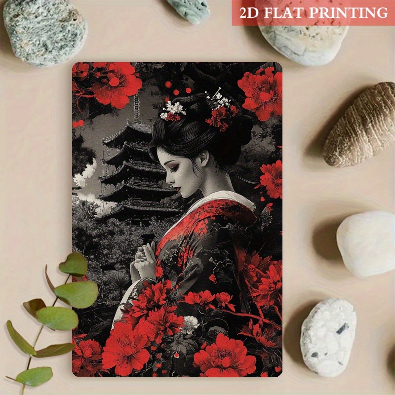 Home Decor Japanese - งานศิลปะติดผนังโลหะเกอิชาญี่ปุ่น - ของตกแต่งสไตล์เก่าแบบเกียวโตพร้อมลวดลายดอกไม้สีแดงและลายเจดีย์ - ของตกแต่งบ้าน/สำนักงานที่หรูหรา