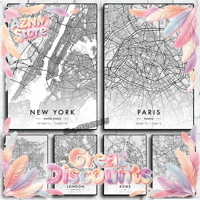 Home Decor New York - ภาพวาดแผนที่เมือง ปารีส นิวยอร์ก พิมพ์ความละเอียดสูง แผนที่ขาวดำบนผ้าแคนวาส ภาพตกแต่งผนังสำหรับห้องนั่งเล่น