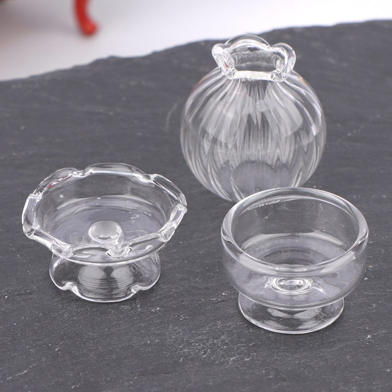 Home Decor Vase - แจกันแก้วจิ๋วสำหรับบ้านตุ๊กตา ขนาด 1:12 ถ้วยขนมหวาน ขวดไวน์ ขวดใส่ของขวัญพร้อมจุกไม้ก๊อก