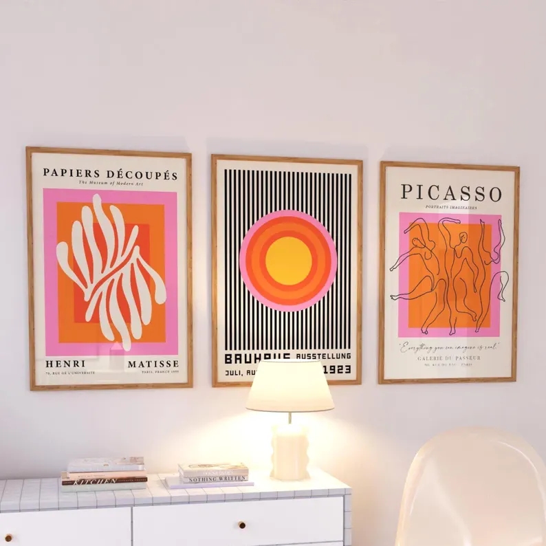Home Decor Wall Pictures - 3 ชิ้น โมเดิร์น ออเรนจ์ บาวเฮาส์และปิกัสโซศิลปะบนผนังพิมพ์ภาพวาดบนผ้าใบโปสเตอร์ภาพสำหรับห้องนั่งเล่น, ห้องนอนตกแต่งบ้าน