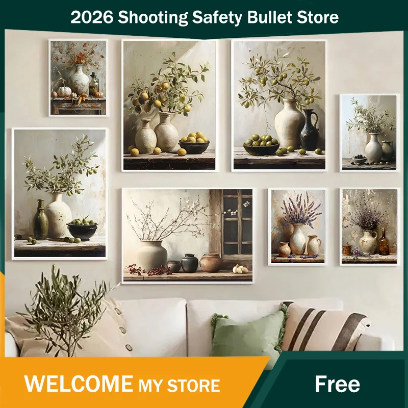 Home Decor Vase - โปสเตอร์ภาพนิ่งสไตล์วินเทจ พิมพ์ลายต้นมะนาว ต้นมะกอก ต้นไม้ในแจกัน ภาพวาดบนผืนผ้าใบสำหรับตกแต่งผนัง ภาพพิมพ์ลายพฤกษศาสตร์
