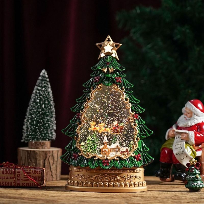Home Decor Xmas Gifts - กล่องดนตรีลูกโลกหิมะ ตกแต่งต้นคริสต์มาสซานตาคลอส พร้อมไฟหมุนและแสงหิมะตก ของขวัญตกแต่งบ้านและสำนักงานสำหรับเทศกาลคริสต์มาส