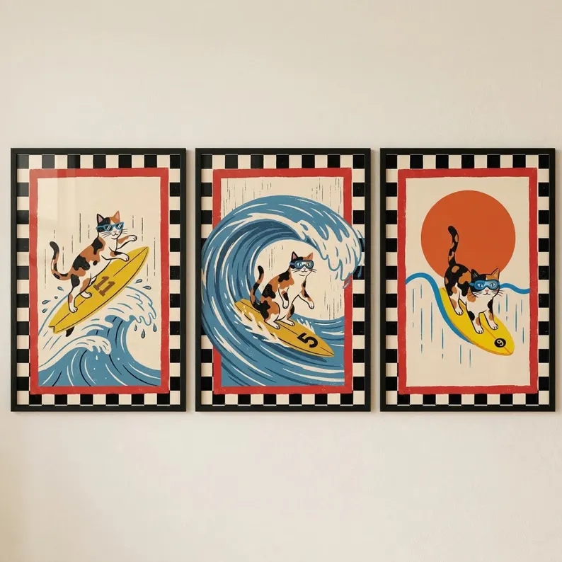 Home Decor Japanese - 3 ชิ้น ภาพพิมพ์ลายคลื่นญี่ปุ่นย้อนยุค แมวโต้คลื่น ภาพพิมพ์บนผ้าใบ โปสเตอร์