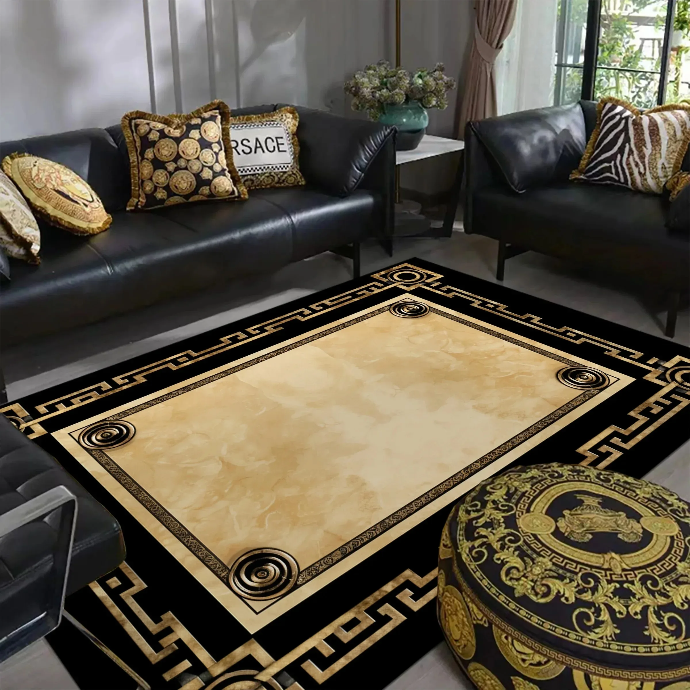 Home Decor Ig - EGM 2025 หรูหราสีดําทองขนาดใหญ่พรมสําหรับห้องนั่งเล่นบ้านล้างทําความสะอาดได้ห้องนอนพรมห้องครัวพรมนุ่มเสื่อกันลื่น 140x200 IG