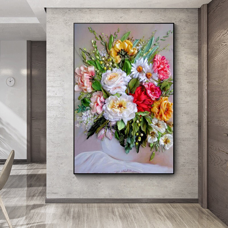 Home Decor Vase - ภาพวาดบนผืนผ้าใบ ดอกไม้ พิมพ์โปสเตอร์ ช่อดอกไม้ในแจกัน ภาพวาดไร้กรอบ ห้องนอน