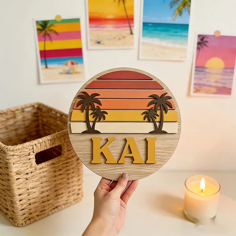 Wooden Letter Sign - ป้ายไม้ติดผนังรูปต้นปาล์มพระอาทิตย์ตกดินชายหาดวินเทจทรงกลมแบบกำหนดเองได้ พร้อมตัวอักษร 3 มิติ สำหรับตกแต่งบ้าน บ้านพักตากอากาศ