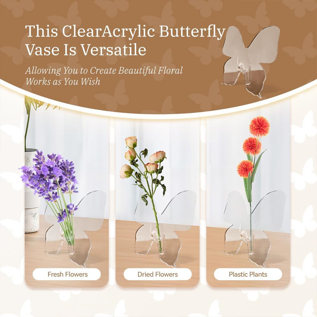 Home Decor Vase - โปร่งใสผีเสื้ออะคริลิคแจกันดอกไม้สามมิติดอกไม้อุปกรณ์เสริมผีเสื้อแจกันตกแต่งบ้าน ﻿