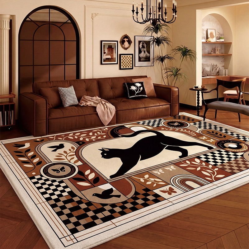Home Decor Ig - พรมลายตารางหมากรุกสีดำลายแมวสำหรับห้องนั่งเล่น พรมปูพื้นขนาดใหญ่ พรมปูพื้นข้างโต๊ะกาแฟ พรมขนฟูสไตล์วินเทจ พรมห้องนอนสุดหรู พรมตกแต่งห้องนอน