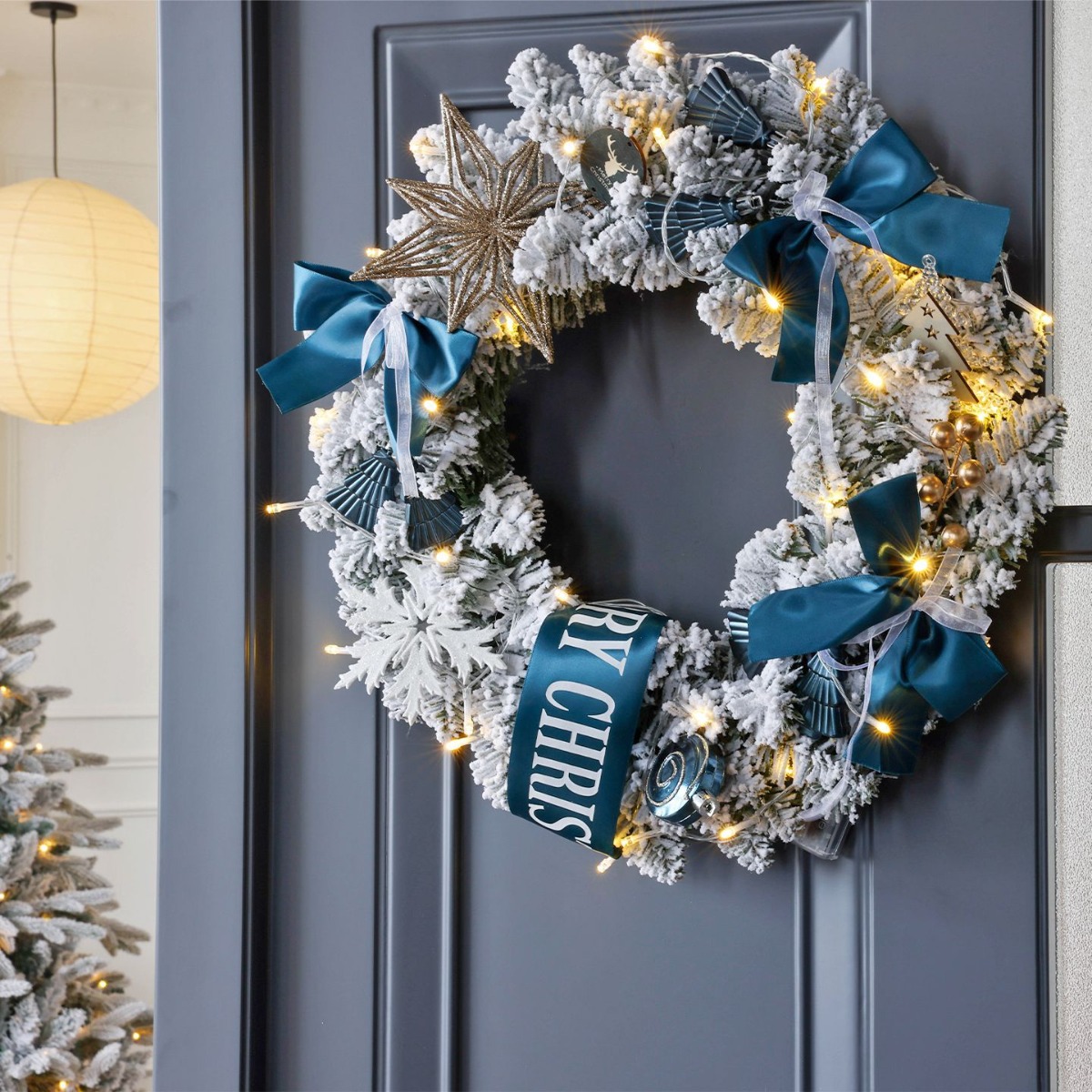 พวงหรีดคริสต์มาสสีขาวน้ำเงิน ป - Home Decor Xmas Gifts บทวิจารณ์และราคา