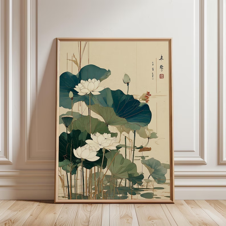 เรโทรญี่ปุ่นดอกบัวศิลปะบนกำแพง - Home Decor Japanese บทวิจารณ์และราคา