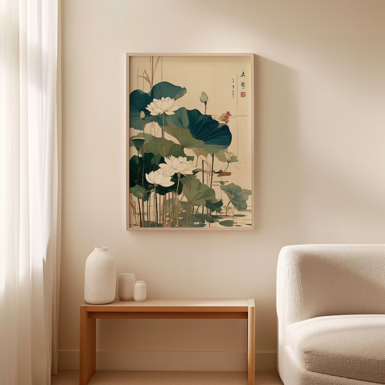 เรโทรญี่ปุ่นดอกบัวศิลปะบนกำแพง - Home Decor Japanese บทวิจารณ์และราคา